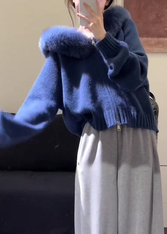 New Blue Hooded Fur Collar Zippered Knit Coats Winter