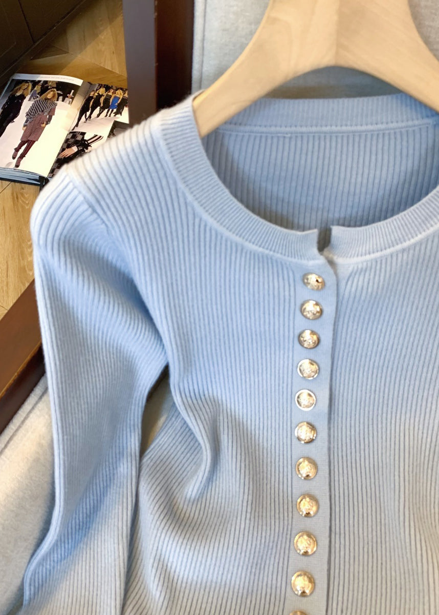 New Blue O Neck Cozy Patchwork Knit Sweater Tops Winter