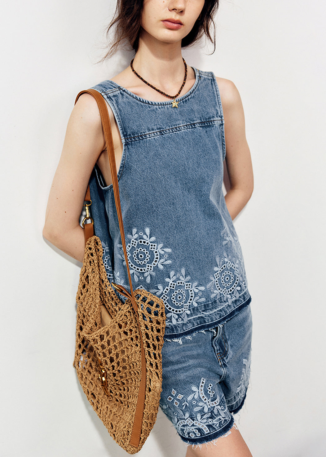 New Blue O Neck Embroidered Denim Two Pieces Set Summer