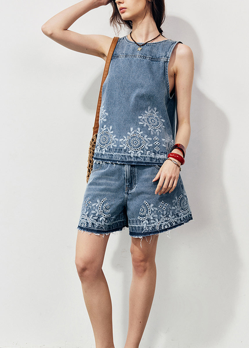 New Blue O Neck Embroidered Denim Two Pieces Set Summer
