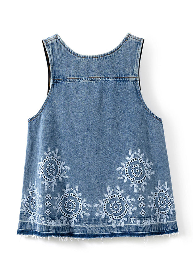 New Blue O Neck Embroidered Denim Two Pieces Set Summer