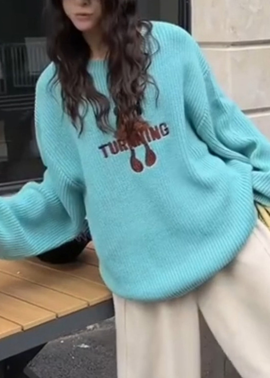 New Blue O Neck Embroidered Knit Sweaters Top Winter