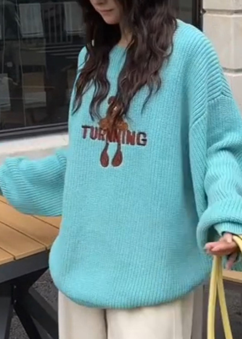 New Blue O Neck Embroidered Knit Sweaters Top Winter