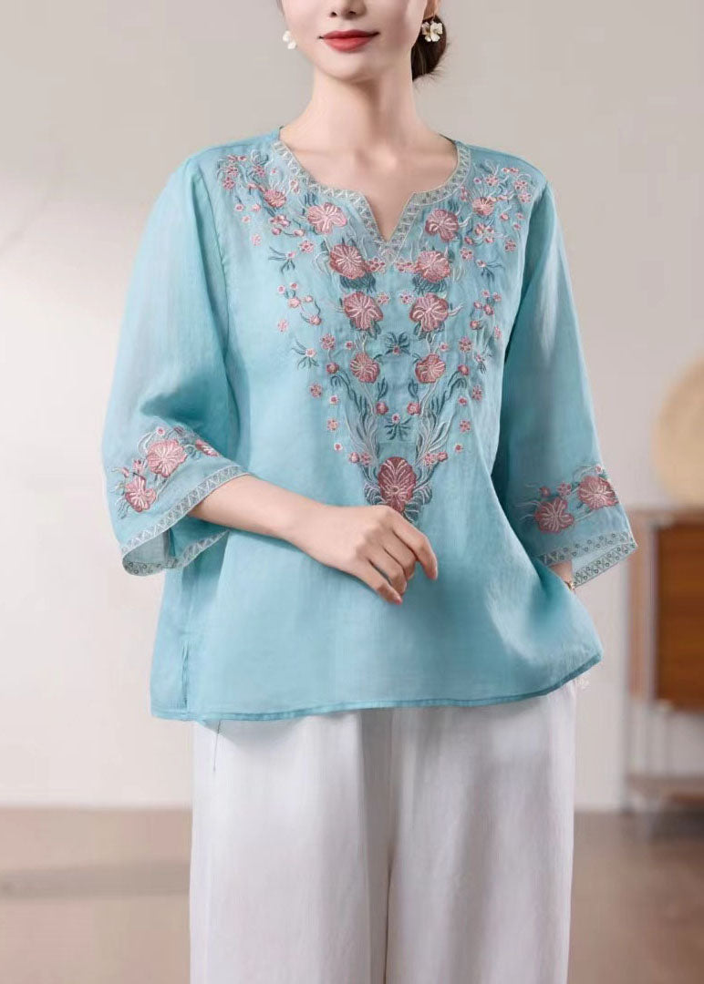 New Blue O Neck Embroidered Linen Blouses Bracelet Sleeve