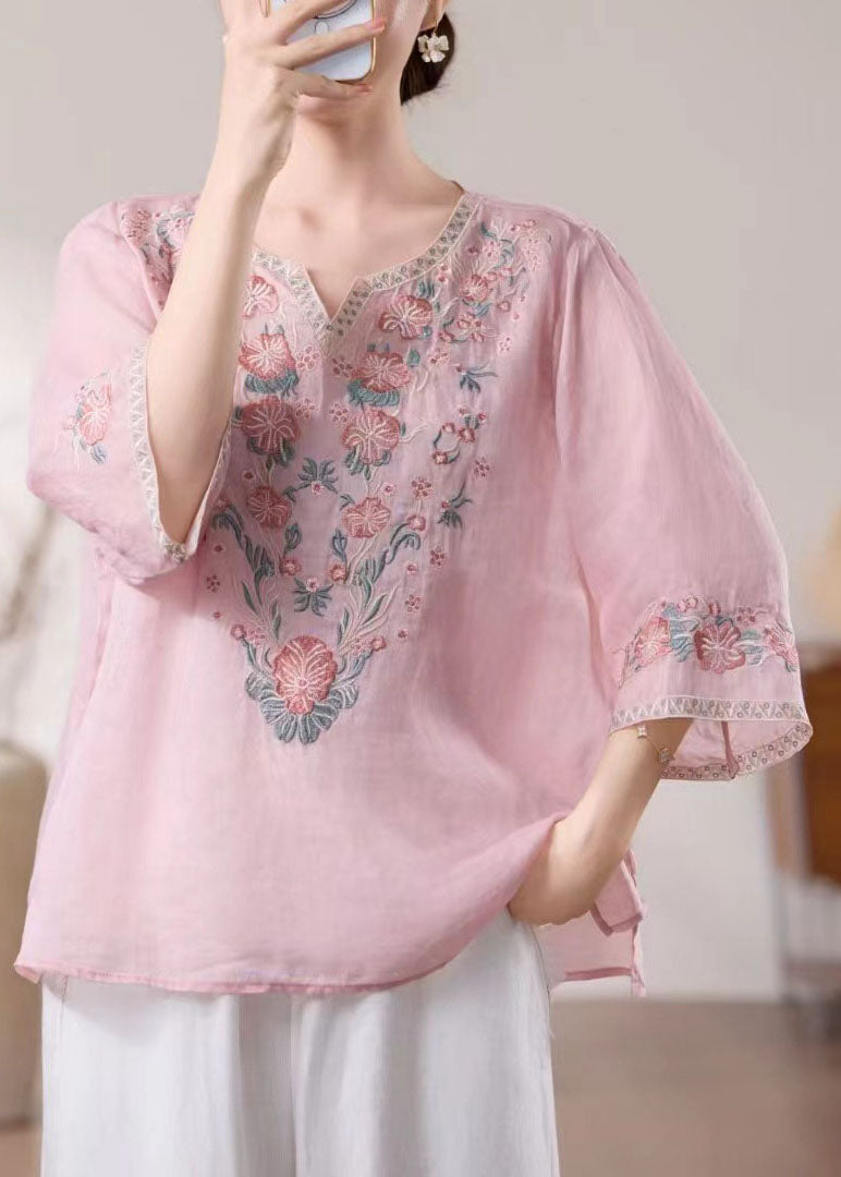New Blue O Neck Embroidered Linen Blouses Bracelet Sleeve