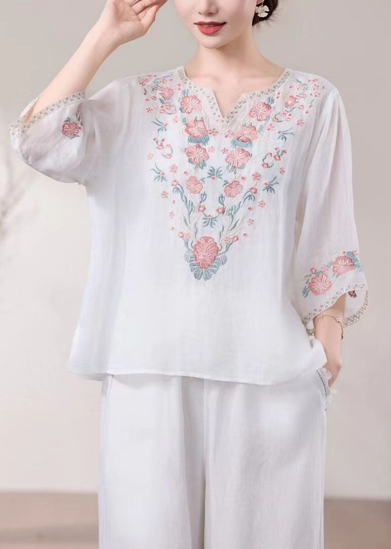 New Blue O Neck Embroidered Linen Blouses Bracelet Sleeve