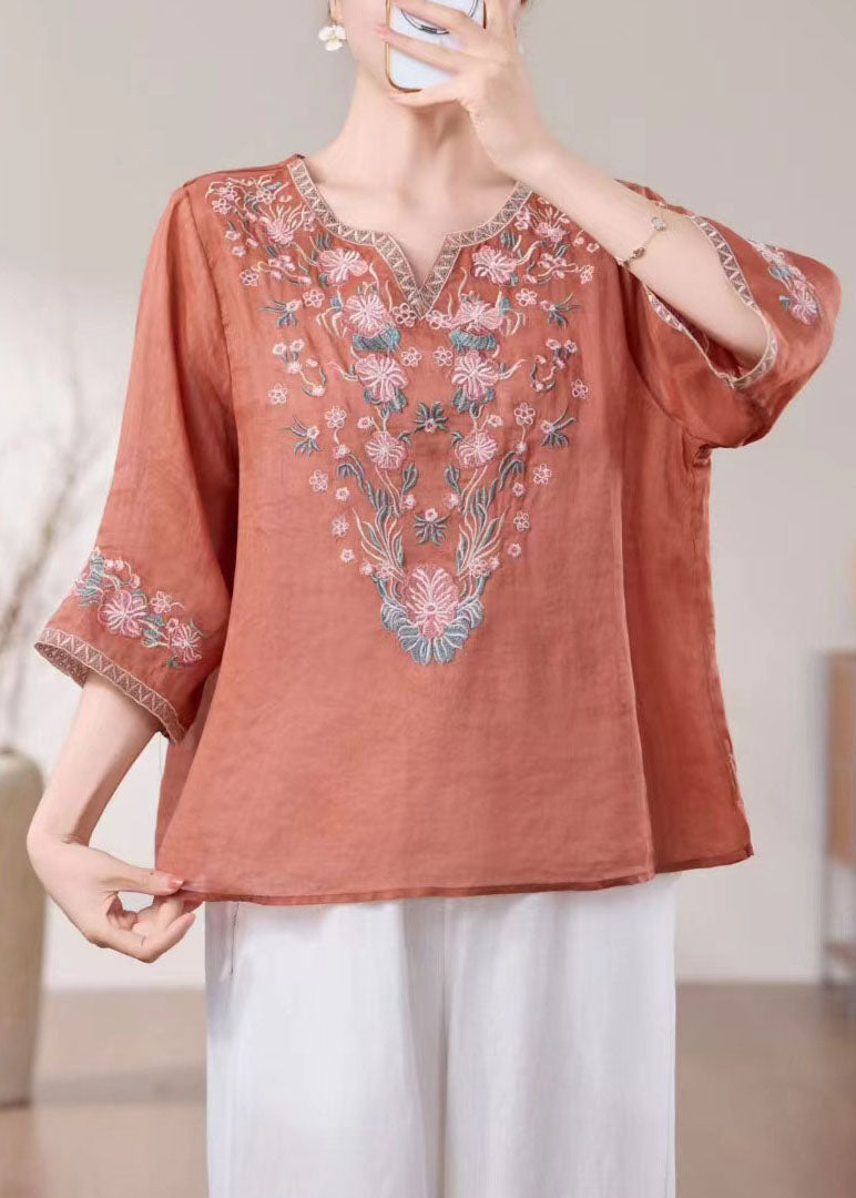 New Blue O Neck Embroidered Linen Blouses Bracelet Sleeve