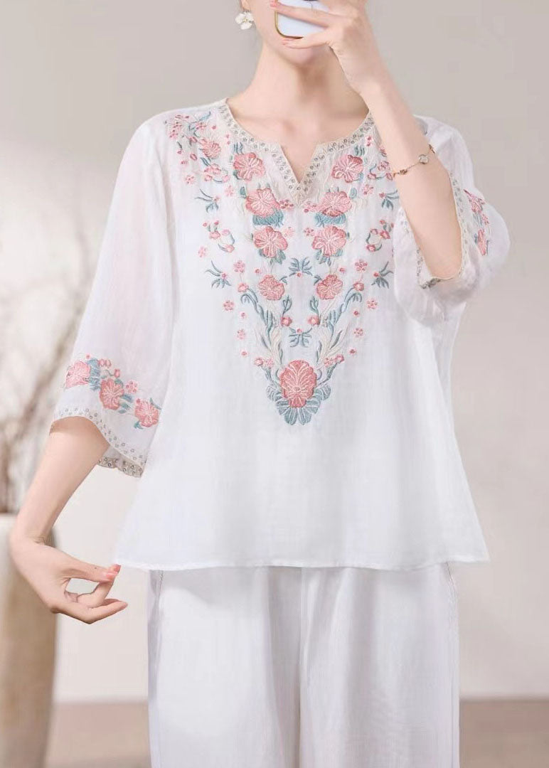 New Blue O Neck Embroidered Linen Blouses Bracelet Sleeve