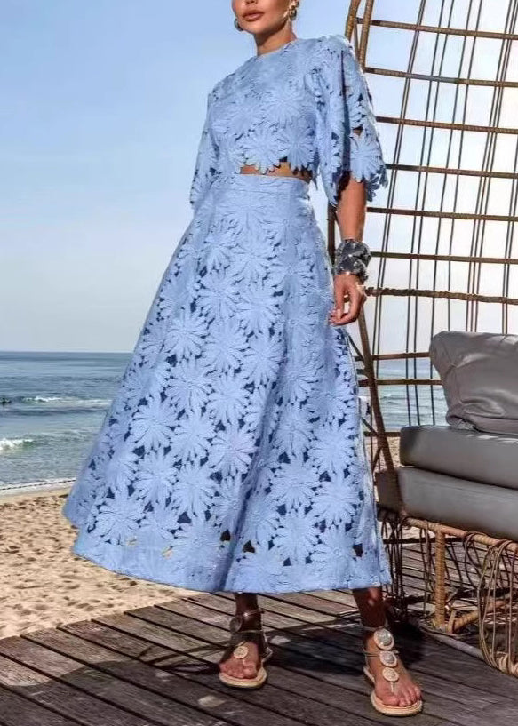 New Blue O-Neck Hollowed Out Short Top And High Waist Skirt Set Summer