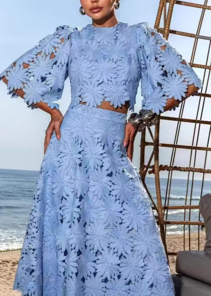 New Blue O-Neck Hollowed Out Short Top And High Waist Skirt Set Summer