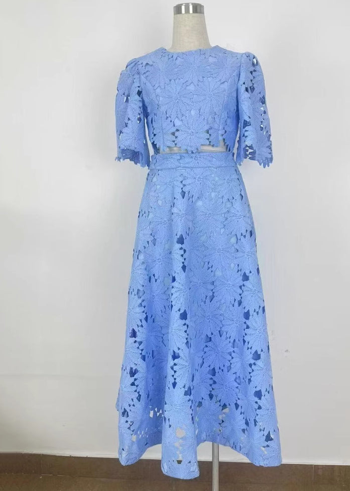 New Blue O-Neck Hollowed Out Short Top And High Waist Skirt Set Summer