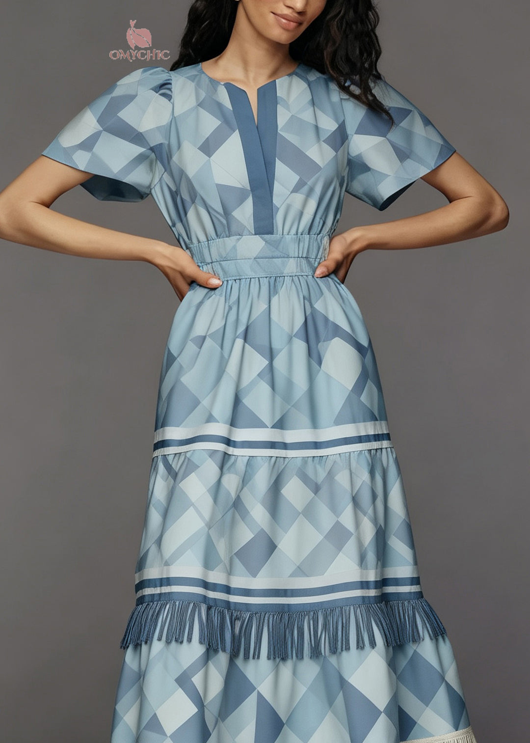 New Blue O Neck Print Tassel Patchwork Cotton Dress Summer
