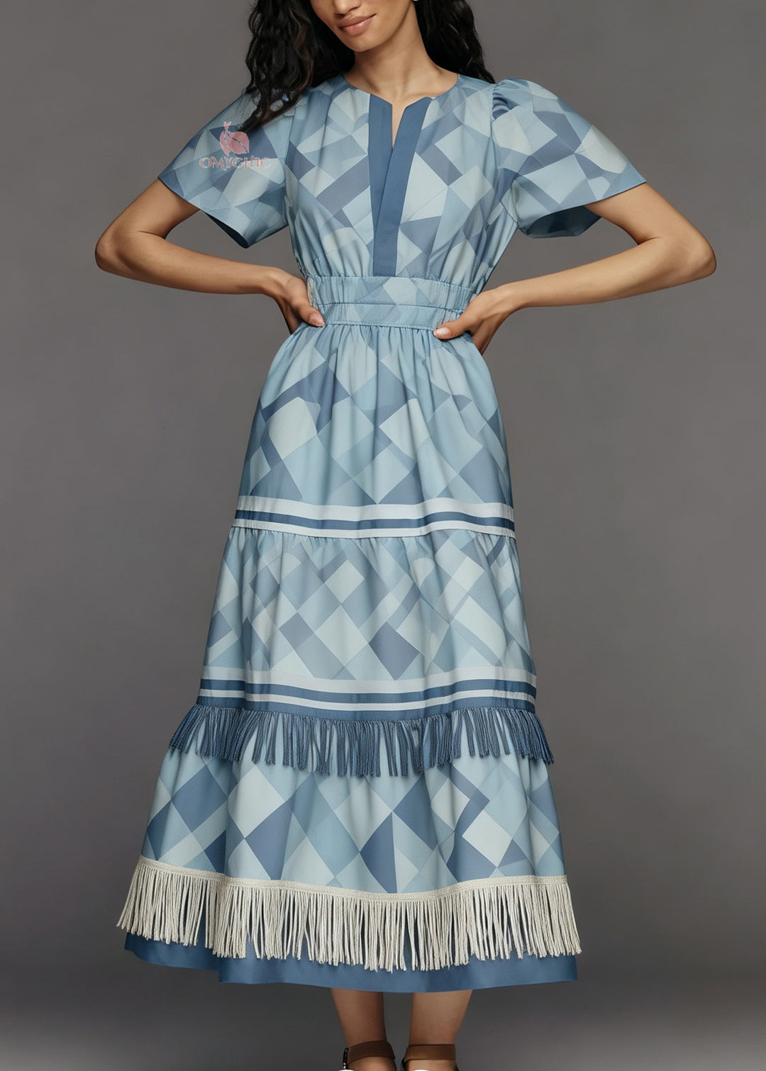 New Blue O Neck Print Tassel Patchwork Cotton Dress Summer