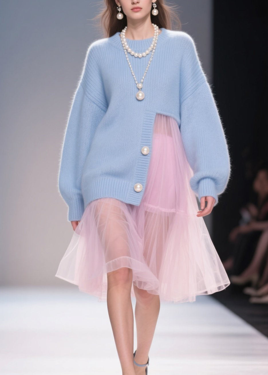 New Blue O Neck Tulle Patchwork Loose Knit Dress Fall