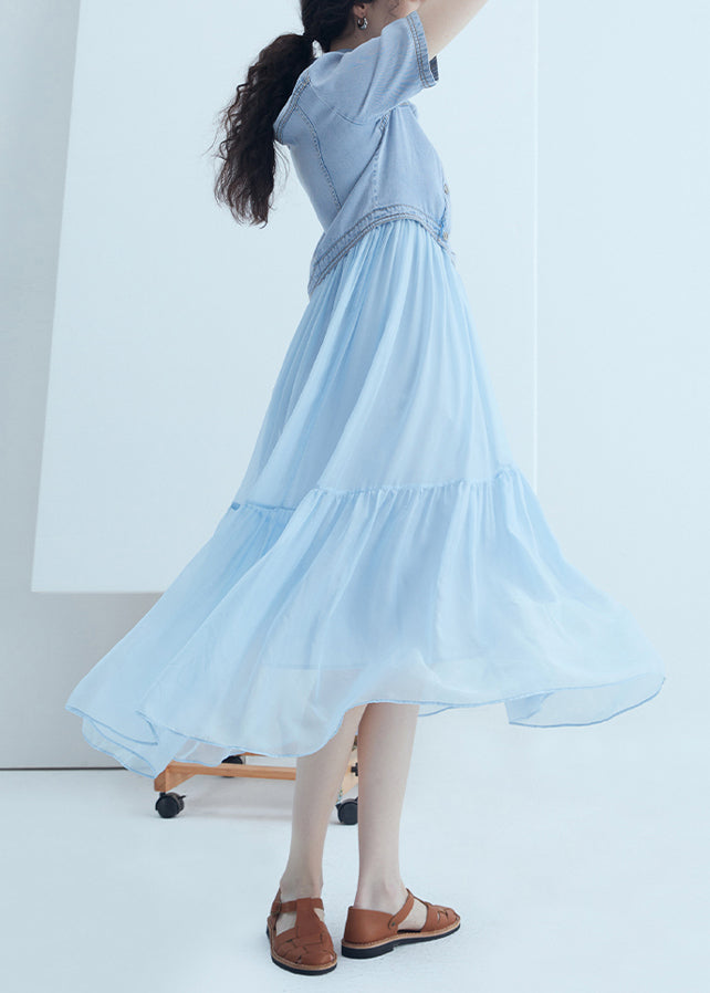New Blue Peter Pan Collar Asymmetrical Denim Patchwork Silk Dress Summer