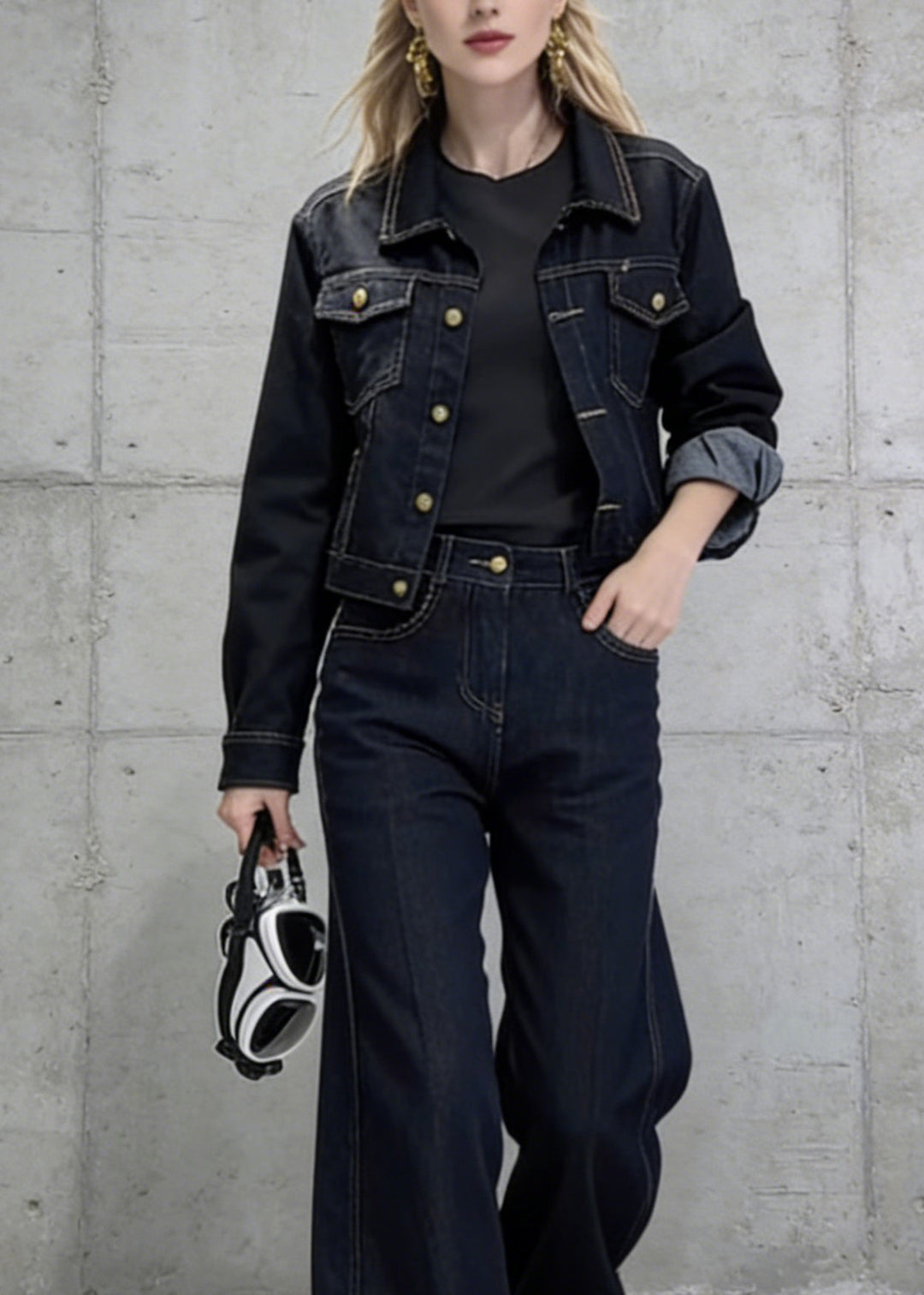 New Blue Peter Pan Collar Coat Pants Denim Two Pieces Set Spring