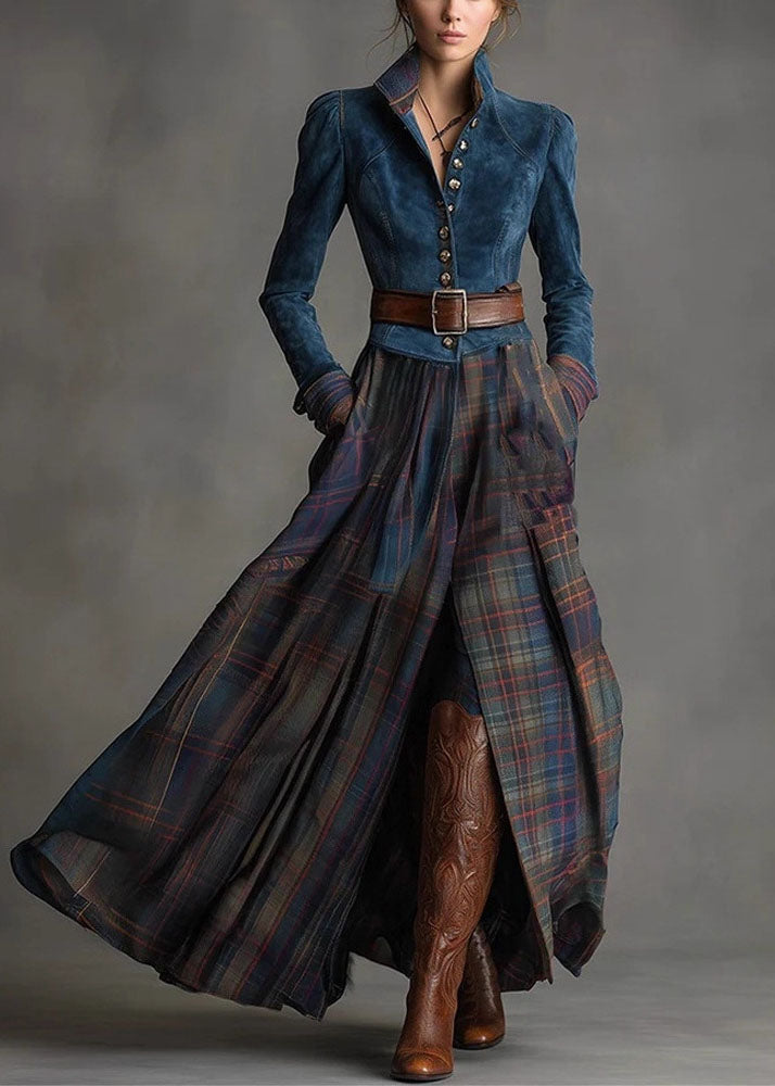 New Blue Peter Pan Collar Faux Suede Patchwork Plaid Cotton Dress Fall