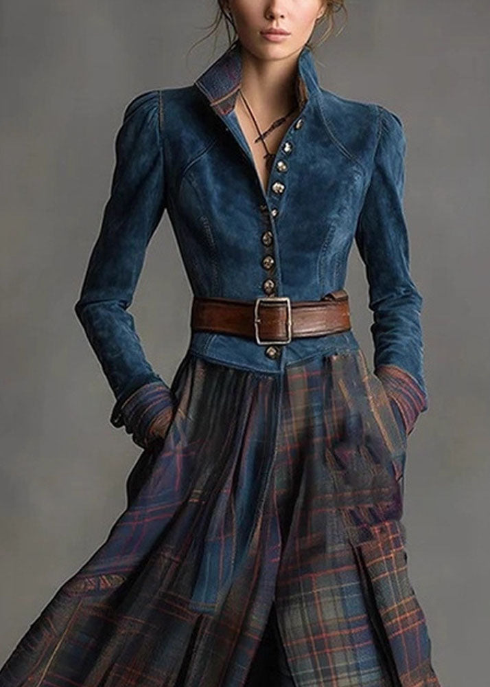 New Blue Peter Pan Collar Faux Suede Patchwork Plaid Cotton Dress Fall