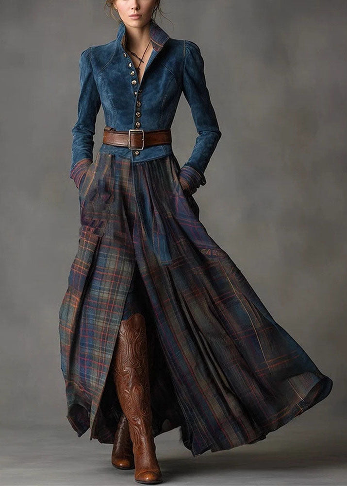 New Blue Peter Pan Collar Faux Suede Patchwork Plaid Cotton Dress Fall