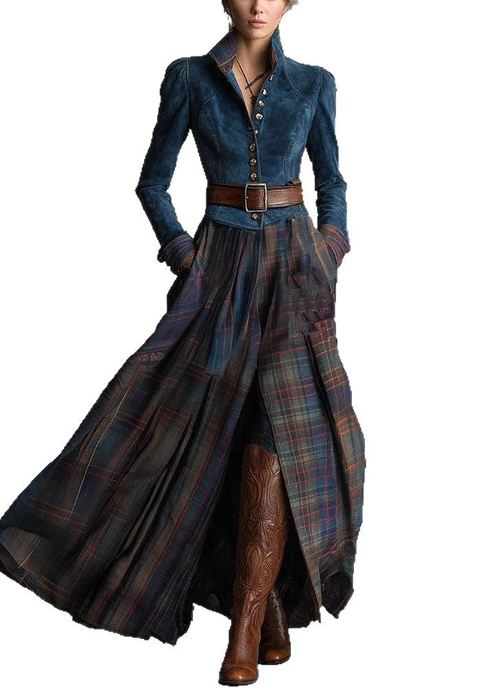 New Blue Peter Pan Collar Faux Suede Patchwork Plaid Cotton Dress Fall