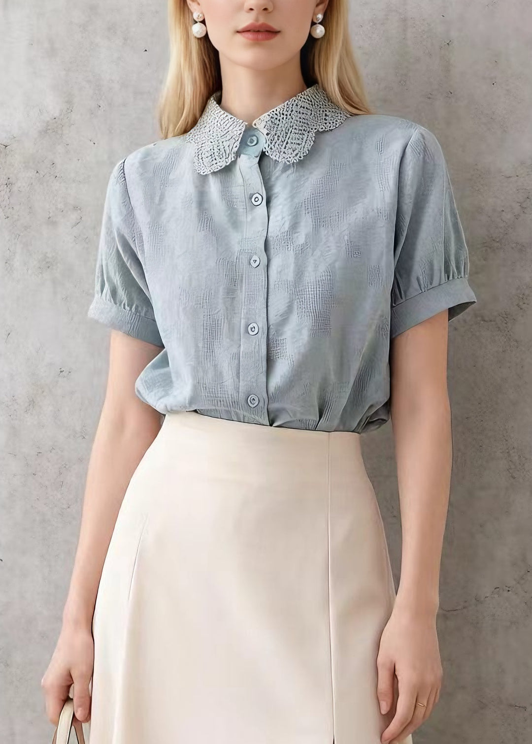 New Blue Peter Pan Collar Lace Patchwork Cotton Blouses Summer