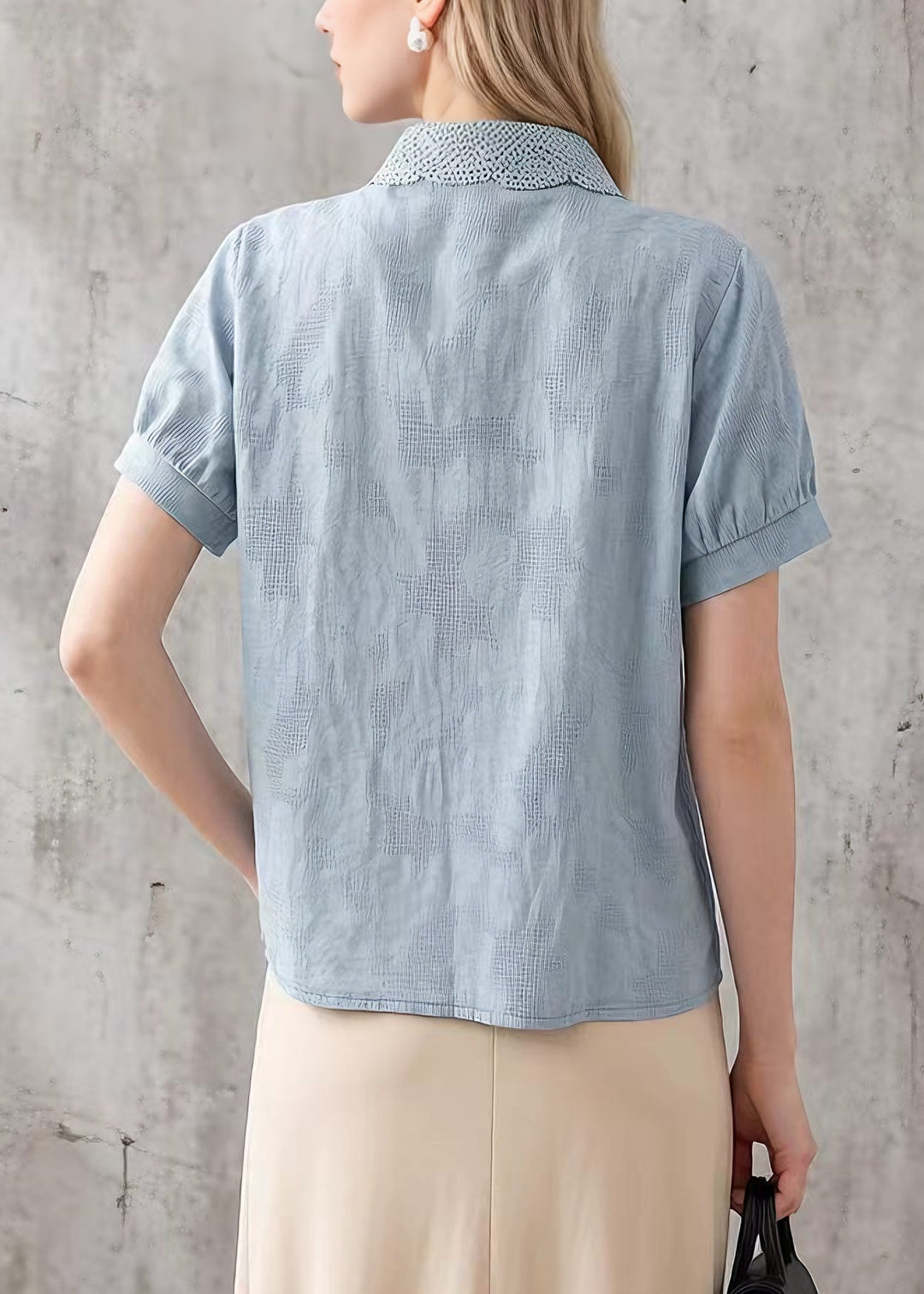 New Blue Peter Pan Collar Lace Patchwork Cotton Blouses Summer