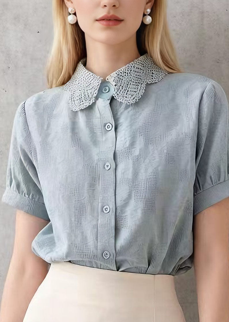 New Blue Peter Pan Collar Lace Patchwork Cotton Blouses Summer