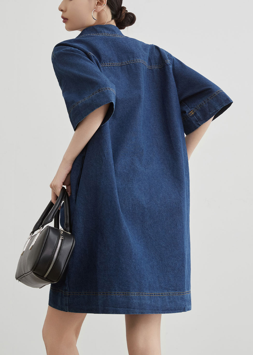 New Blue Peter Pan Collar Pockets Denim Mid Dress Summer