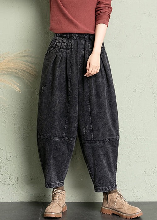 New Blue Pockets Elastic Waist Denim Crop Pants Summer