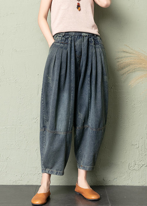 New Blue Pockets Elastic Waist Denim Crop Pants Summer