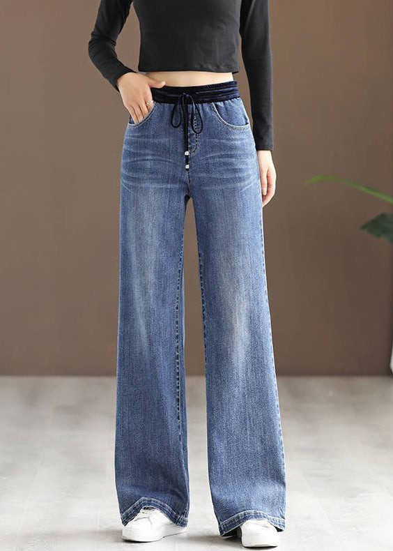 New Blue Pockets Elastic Waist Patchwork Denim Pants Spring