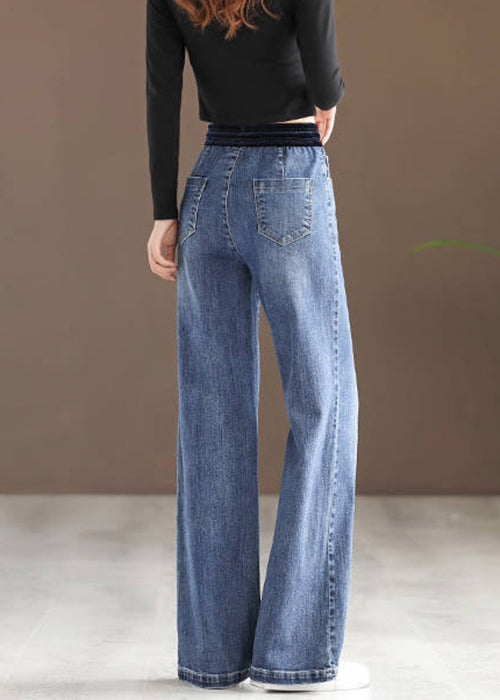 New Blue Pockets Elastic Waist Patchwork Denim Pants Spring