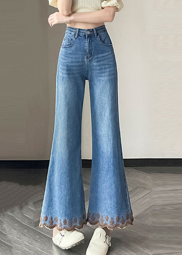New Blue Pockets Patchwork Denim Flared Trousers Fall