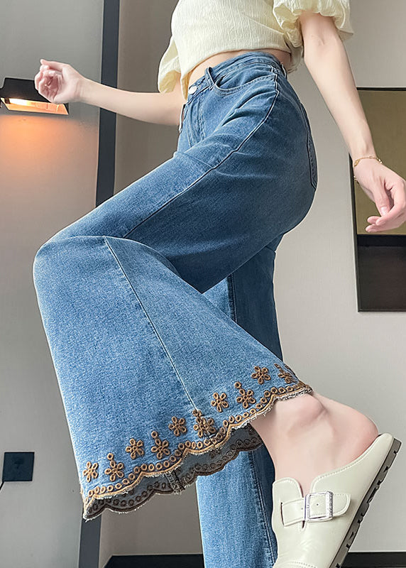 New Blue Pockets Patchwork Denim Flared Trousers Fall