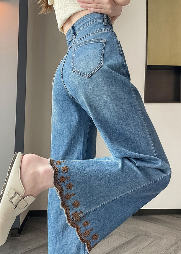 New Blue Pockets Patchwork Denim Flared Trousers Fall