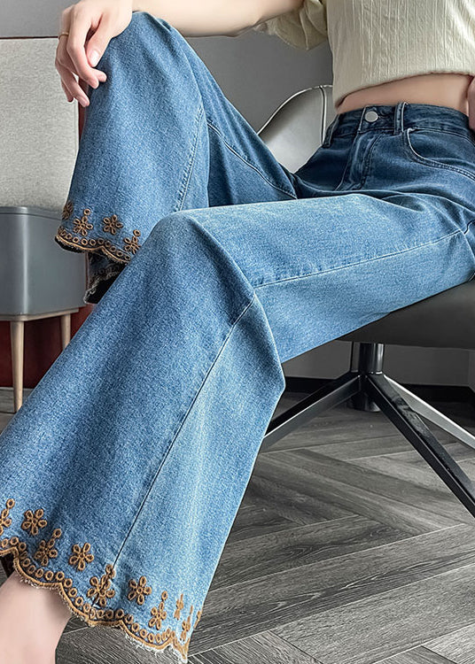 New Blue Pockets Patchwork Denim Flared Trousers Fall