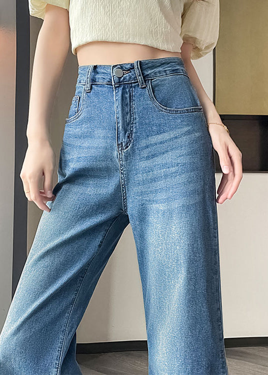 New Blue Pockets Patchwork Denim Flared Trousers Fall
