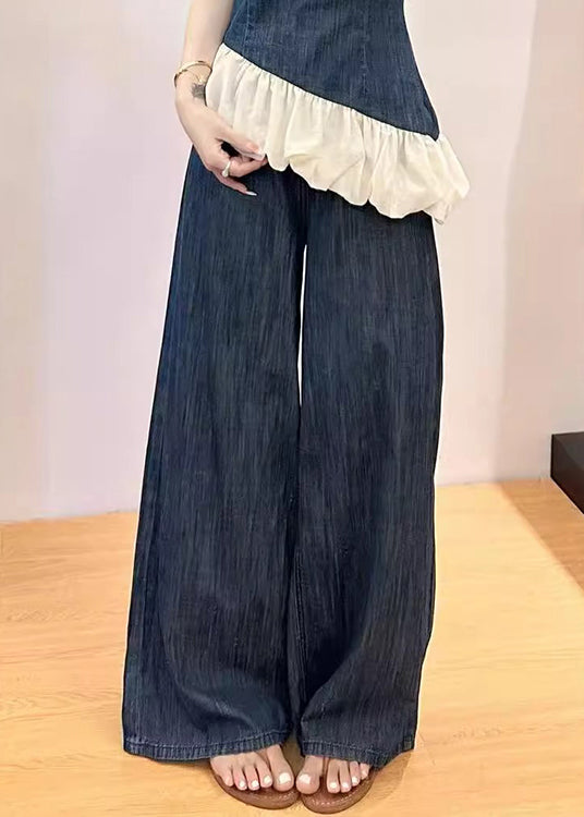 New Blue Pockets Patchwork Tops And Wide Leg Pants Denim Two Pieces Set Sleeveless
