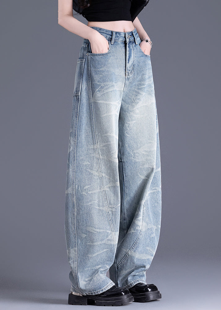 New Blue Pockets Tie Dye Patchwork Denim Pants Spring