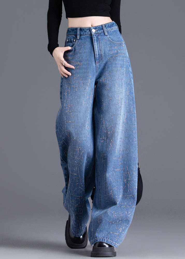 New Blue Pockets Zircon Denim Wide Leg Pants Spring