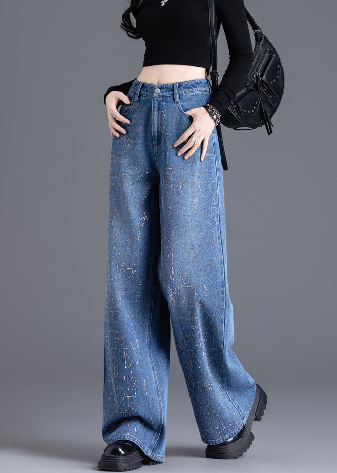 New Blue Pockets Zircon Denim Wide Leg Pants Spring