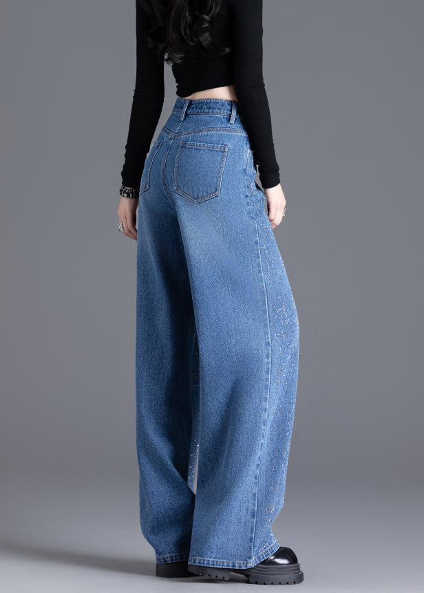 New Blue Pockets Zircon Denim Wide Leg Pants Spring