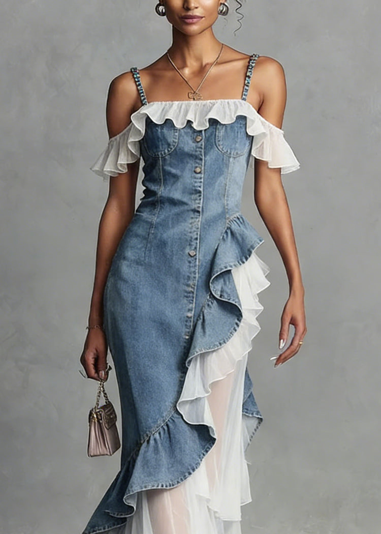 New Blue Ruffled Asymmetrical Tulle Patchwork Denim Dress Summer - Omychic