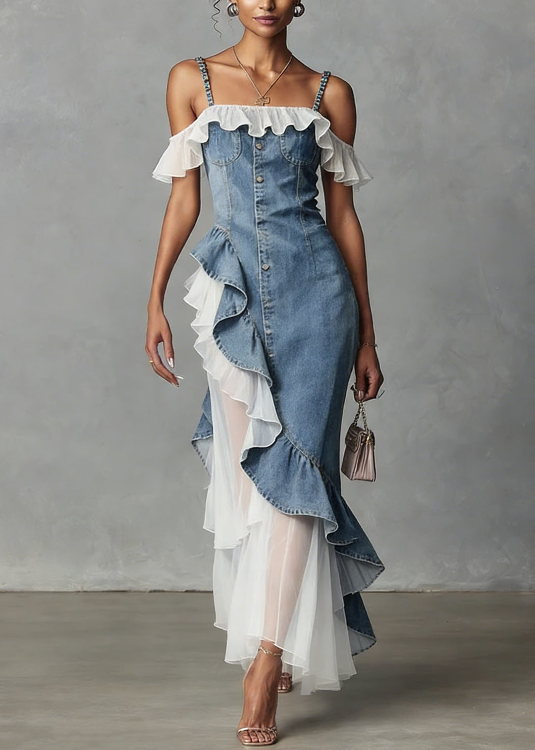 New Blue Ruffled Asymmetrical Tulle Patchwork Denim Dress Summer - Omychic