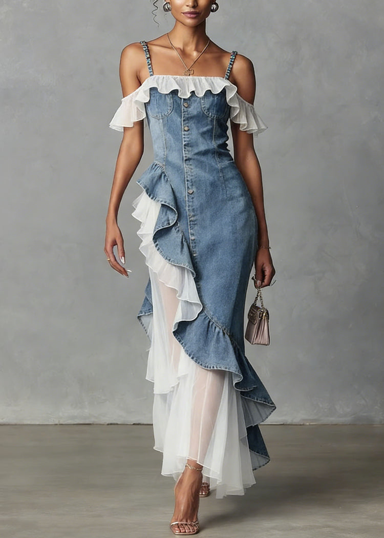 New Blue Ruffled Asymmetrical Tulle Patchwork Denim Dress Summer - Omychic