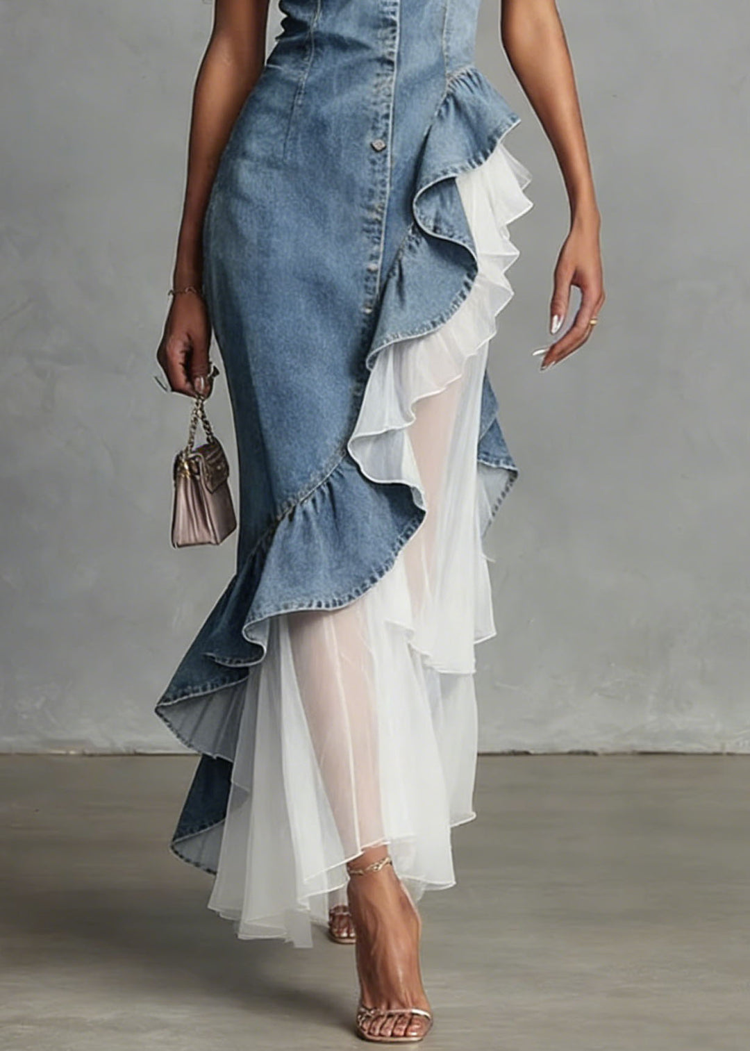New Blue Ruffled Asymmetrical Tulle Patchwork Denim Dress Summer - Omychic