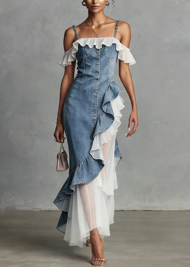 New Blue Ruffled Asymmetrical Tulle Patchwork Denim Dress Summer - Omychic