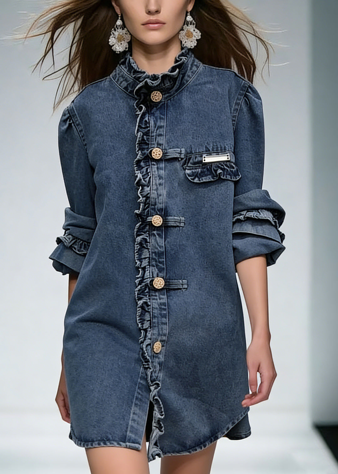 New Blue Ruffled Button Denim Coats Long Sleeve1