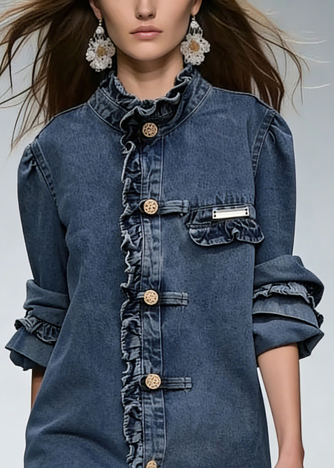 New Blue Ruffled Button Denim Coats Long Sleeve1