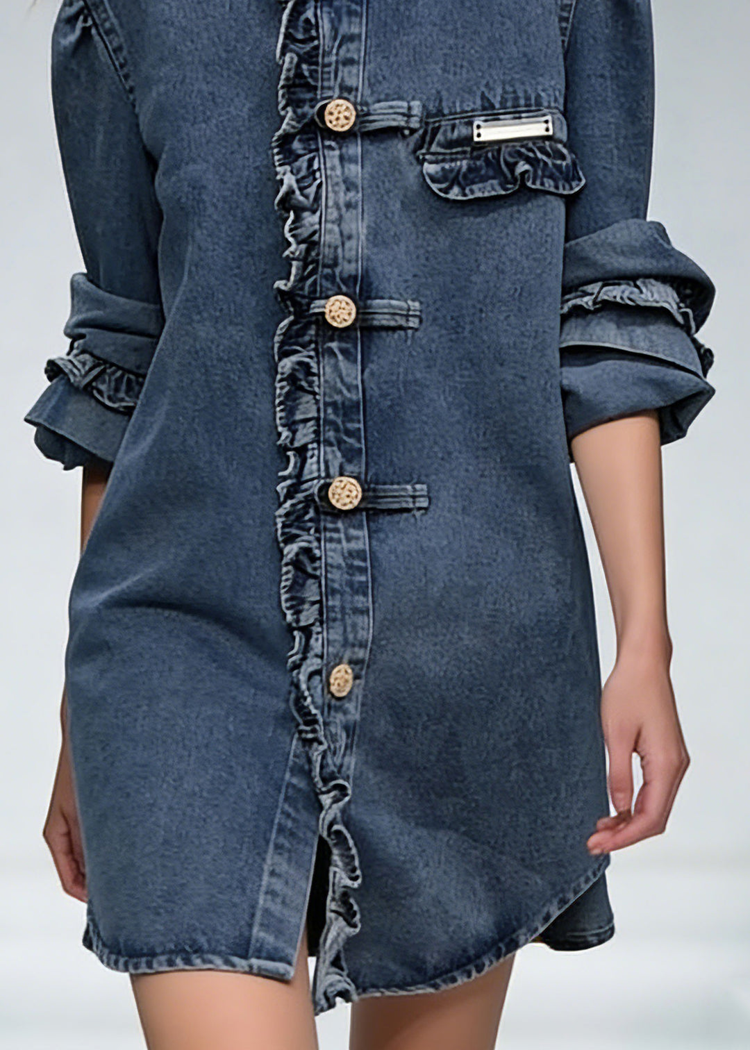 New Blue Ruffled Button Denim Coats Long Sleeve1